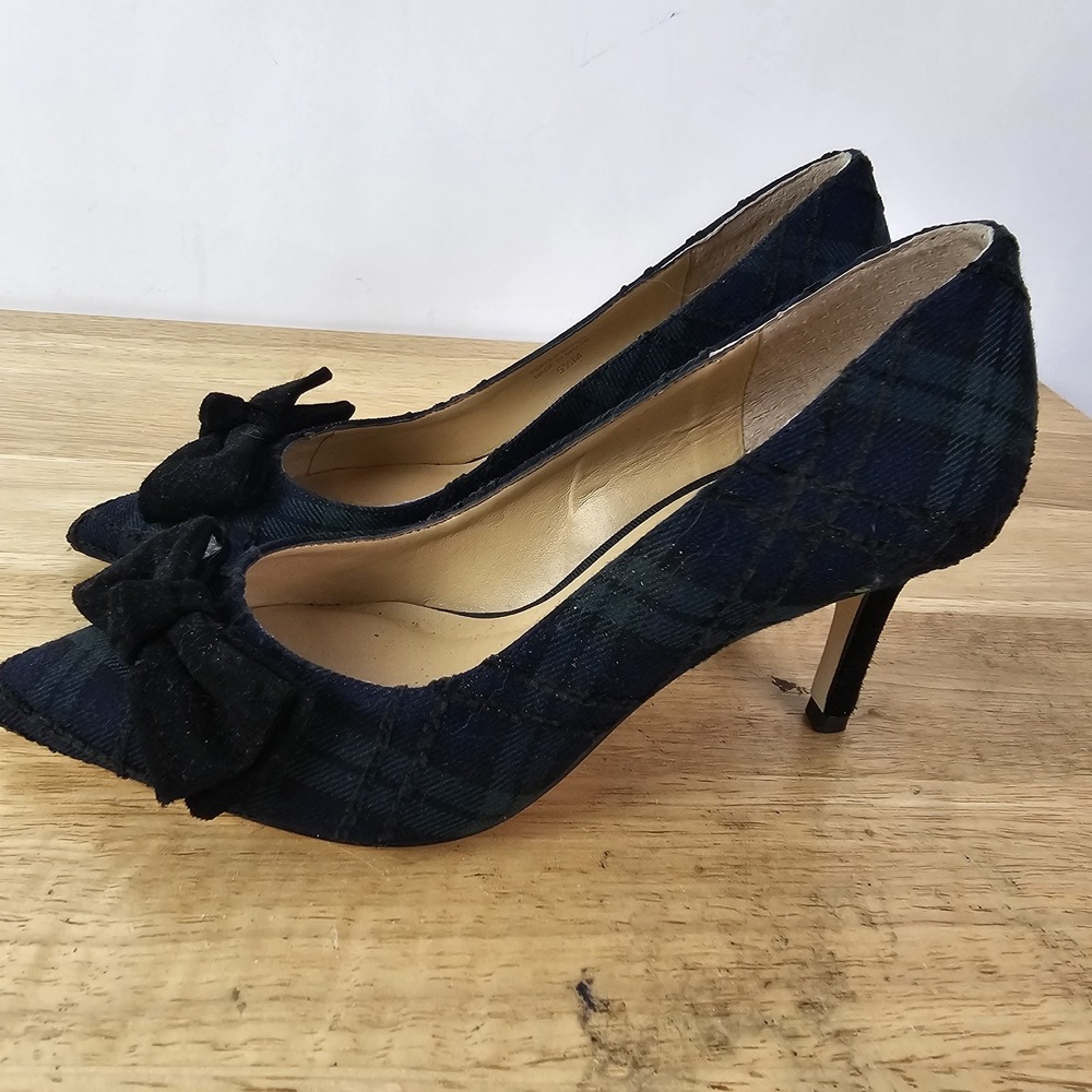 Talbots Tartan Plaid Pumps Spike High Heels 6 Black Blue Green Bows‎ Preppy